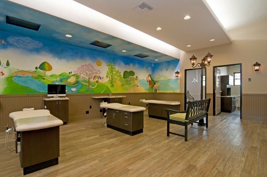 Our open treatment bay, with its hand-painted countryside mural running the length of the wall